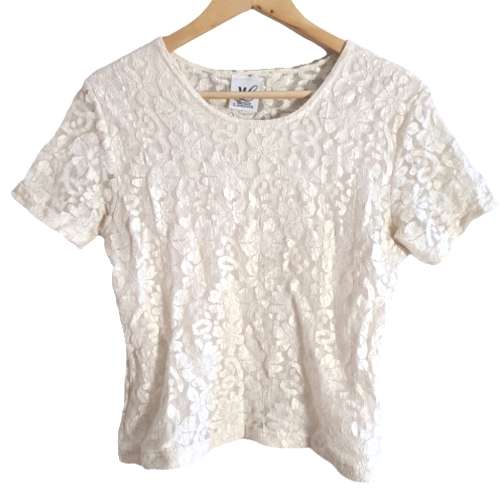 Vintage Maggie Lawrence cream sheer back‎ lace tee